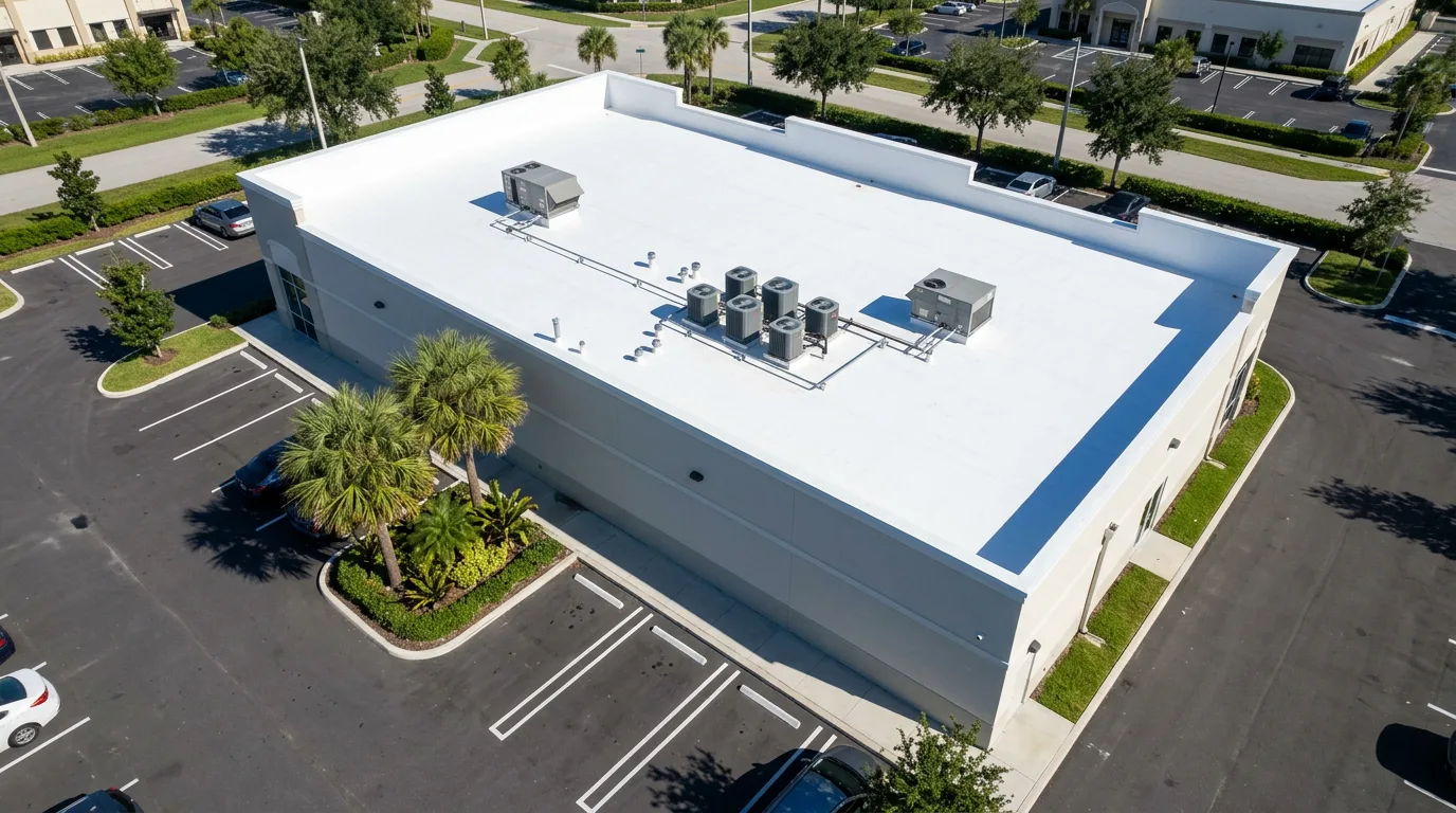 Aerial view of a Florida commercial building with a bright white TPO flat roof and rooftop HVAC units
