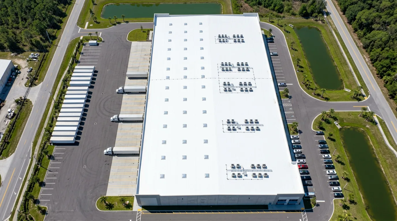High-altitude aerial view of a large Florida distribution-center warehouse with a bright white TPO flat roof