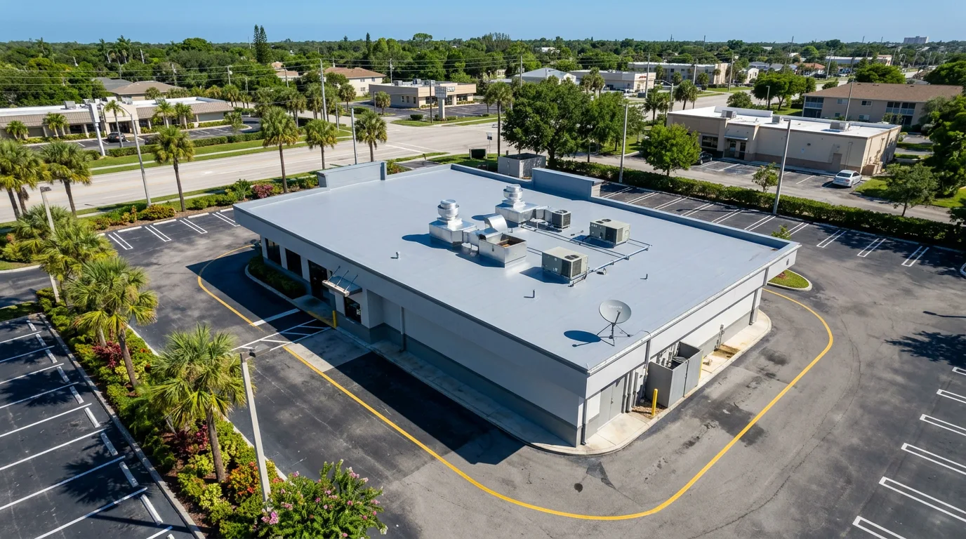 Aerial view of a Florida stand-alone restaurant with a medium-gray PVC flat roof and kitchen exhaust hoods