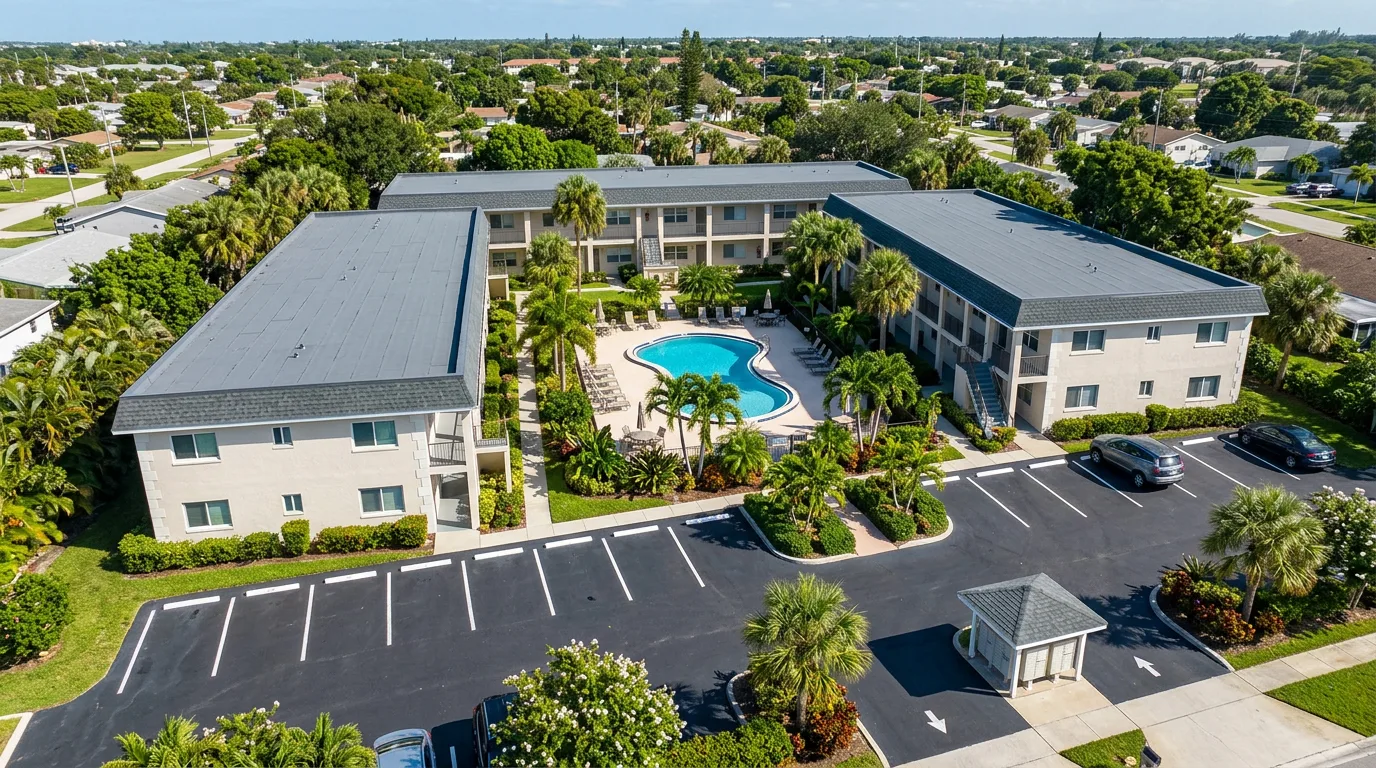 Aerial view of a two-story Florida garden-apartment complex with dark-gray modified-bitumen flat roofs