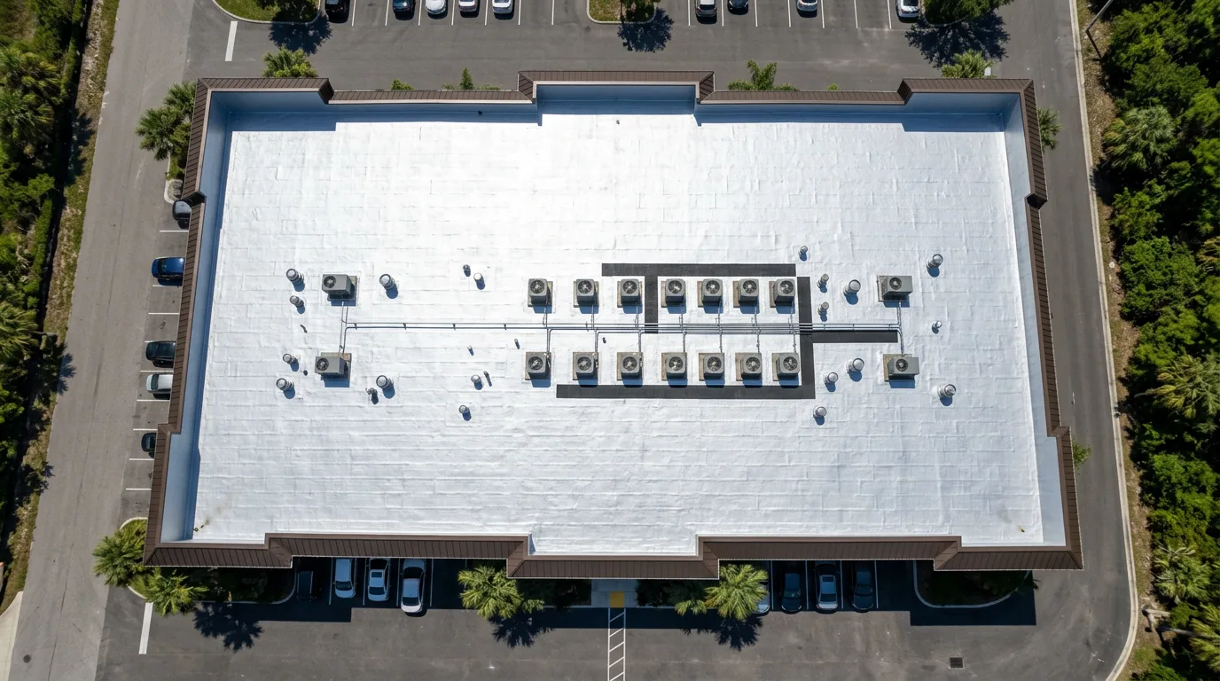 Top-down aerial view of a Florida commercial flat roof with a fresh silver reflective aluminum roof coating