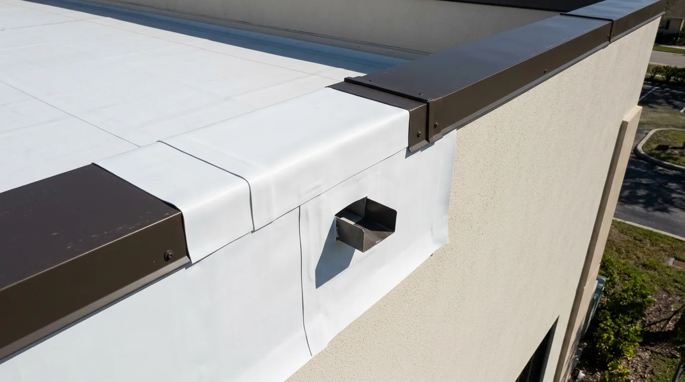 Close-up aerial detail of a commercial parapet wall with a white TPO membrane and dark bronze coping cap