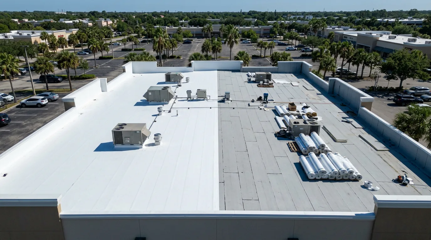 Aerial view of a commercial flat roof mid-installation with fresh white TPO membrane and staged rolls