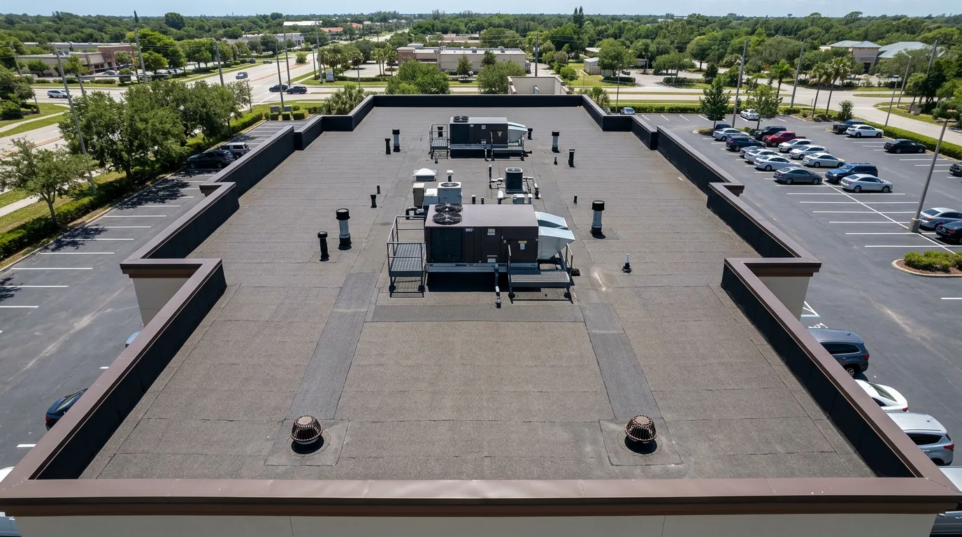Top-down aerial view of a Florida commercial flat roof with a freshly installed dark modified-bitumen surface