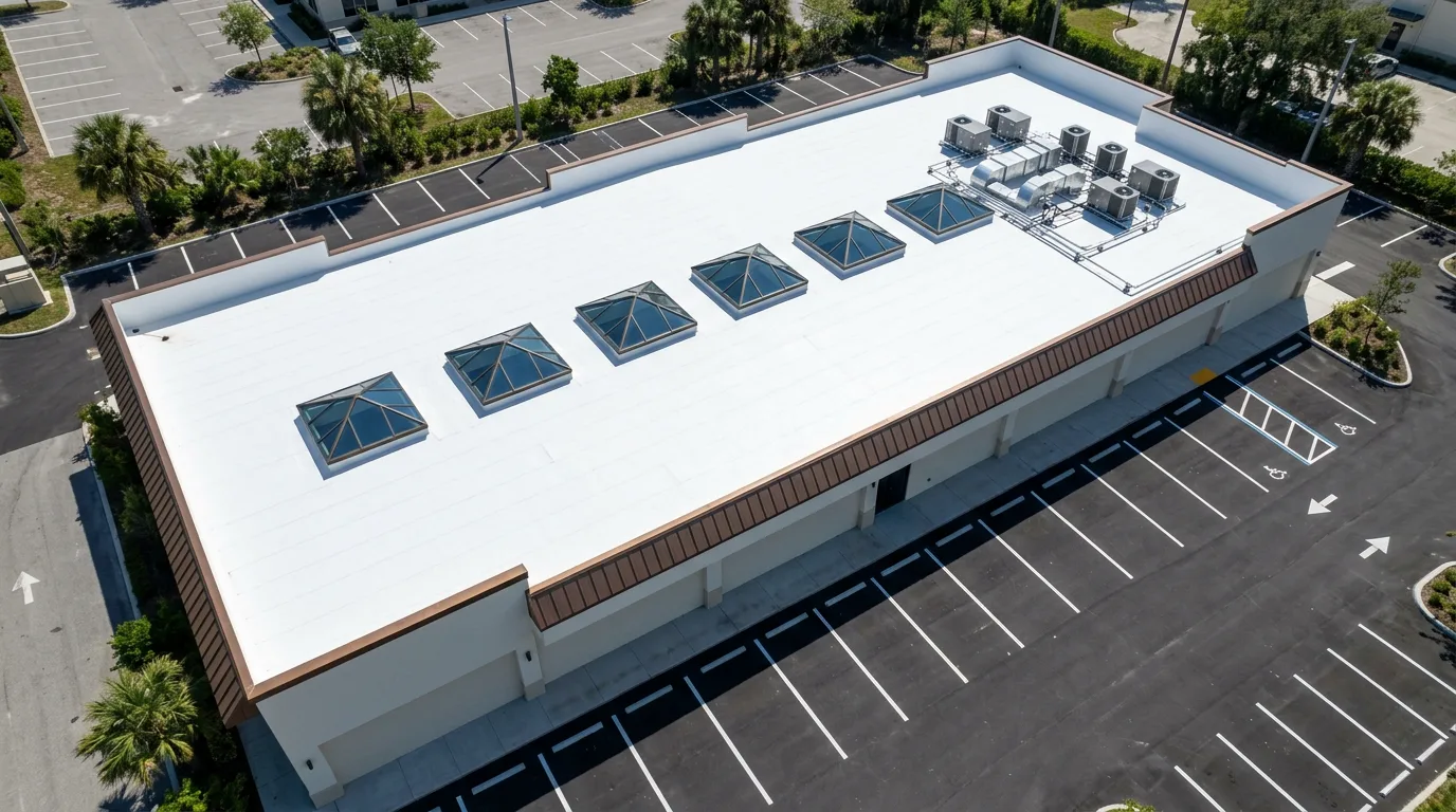 Aerial view of a Florida commercial building with a bright white TPO flat roof and six pyramidal skylights