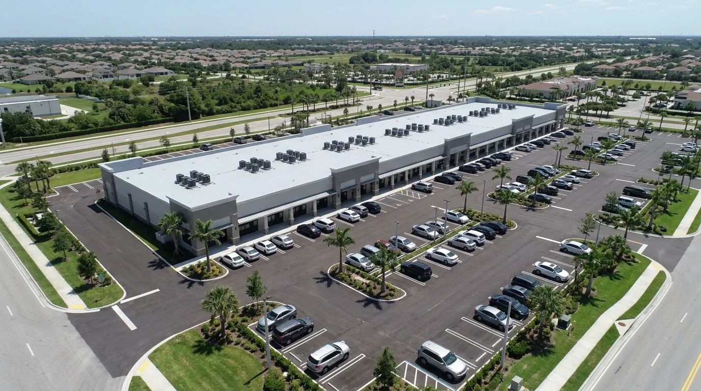 High-altitude aerial view of a Florida strip-mall shopping center with a light-gray PVC flat roof
