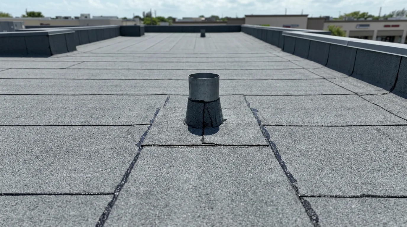 Close-up aerial detail of a freshly installed torch-down modified-bitumen membrane with clean seam beads