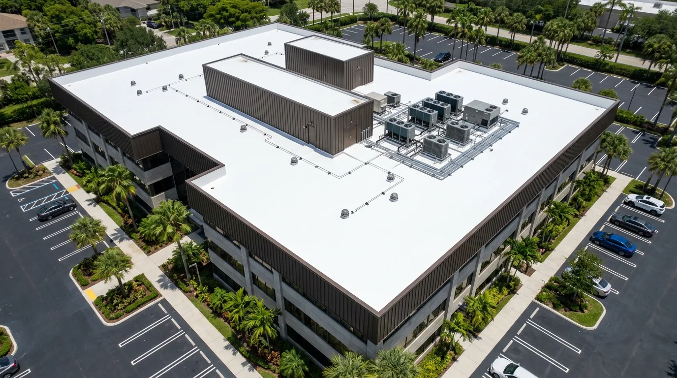 Aerial view of a Florida three-story office building with a complex white TPO flat roof and mechanical penthouses