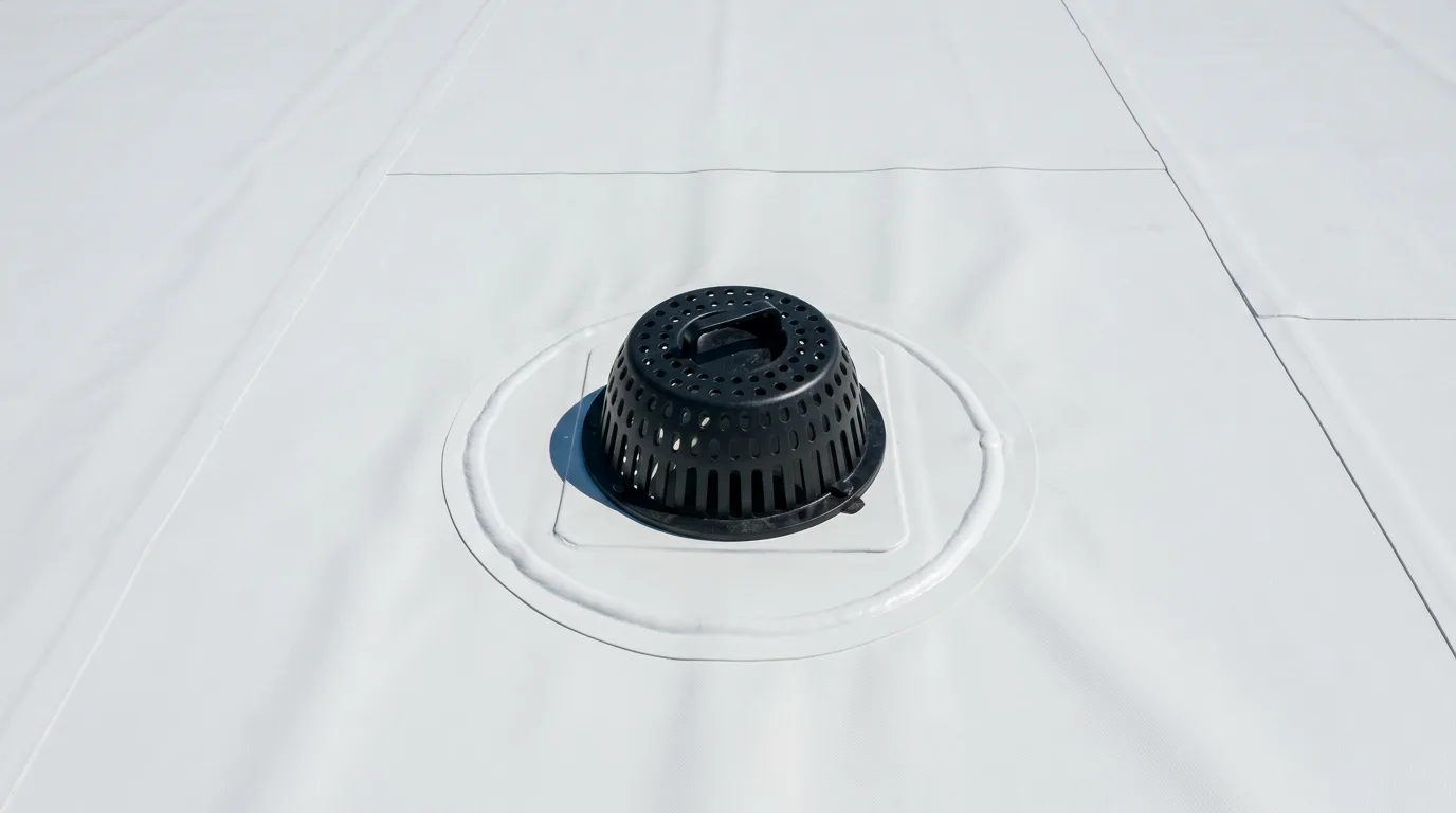 Close-up aerial detail of a commercial roof drain surrounded by fresh bright white TPO membrane