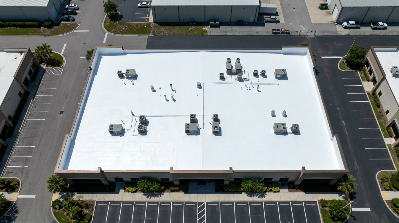 Top-down aerial view of a Florida commercial building with a freshly applied bright white silicone roof coating