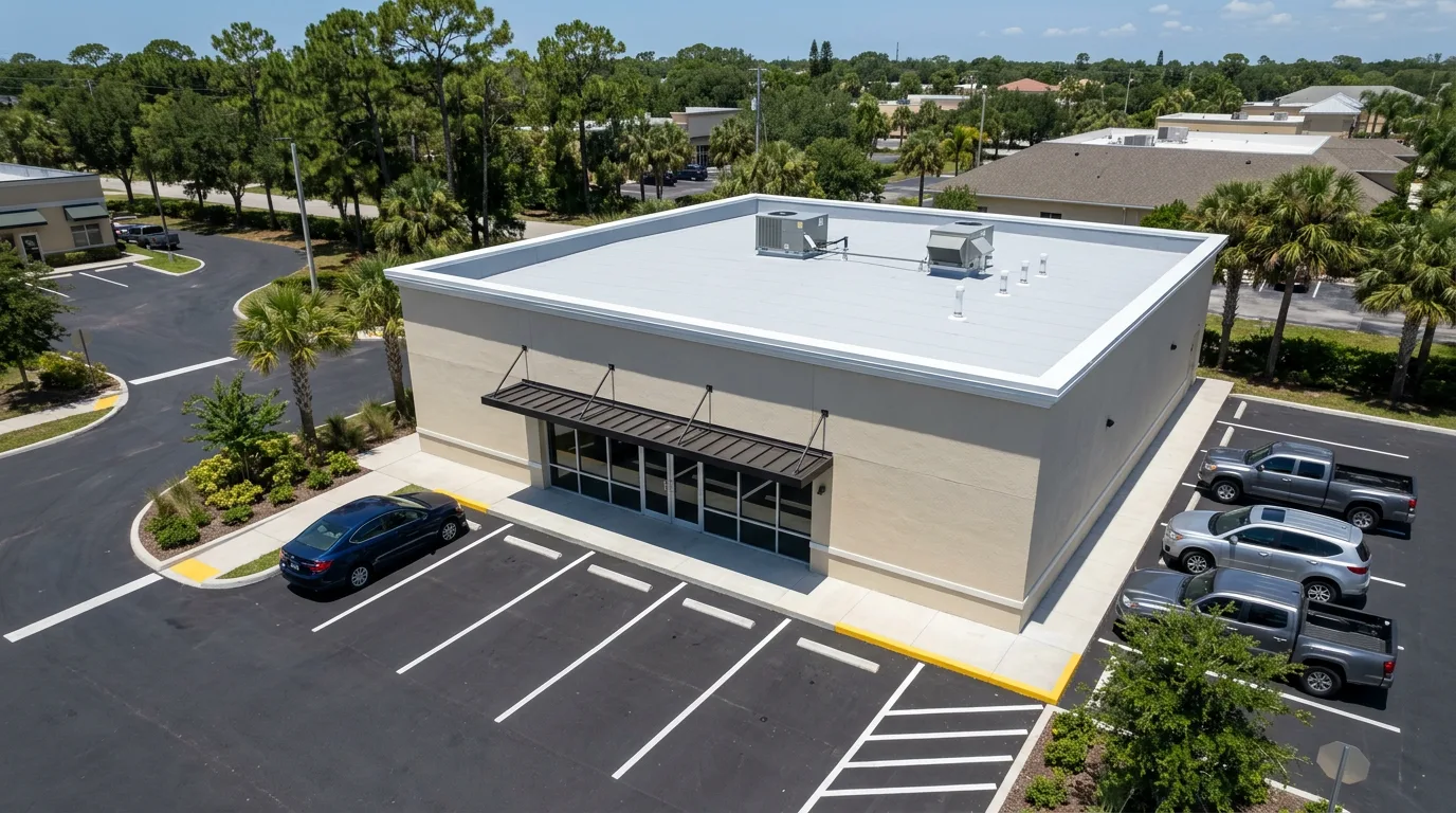 Aerial view of a Florida commercial storefront with a slightly sloped light-gray PVC flat roof