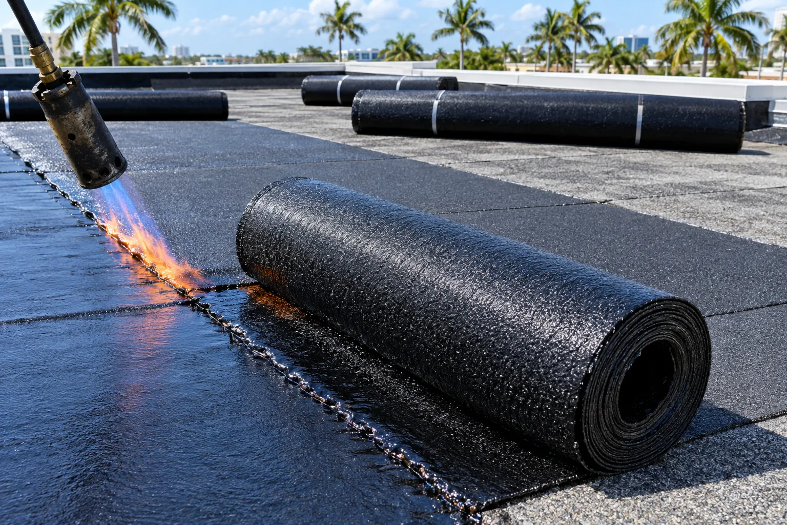 Close-up of a torch-down modified bitumen membrane installation on a Florida commercial roof