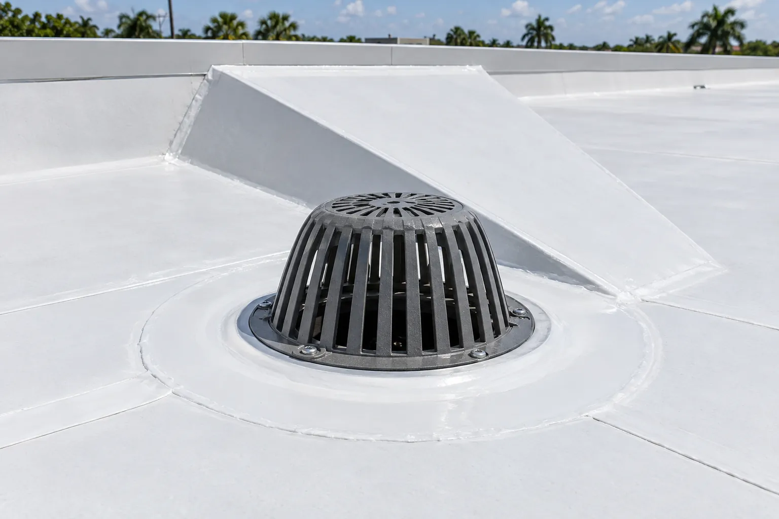Close-up of a commercial roof drain with strainer dome surrounded by fresh white TPO membrane