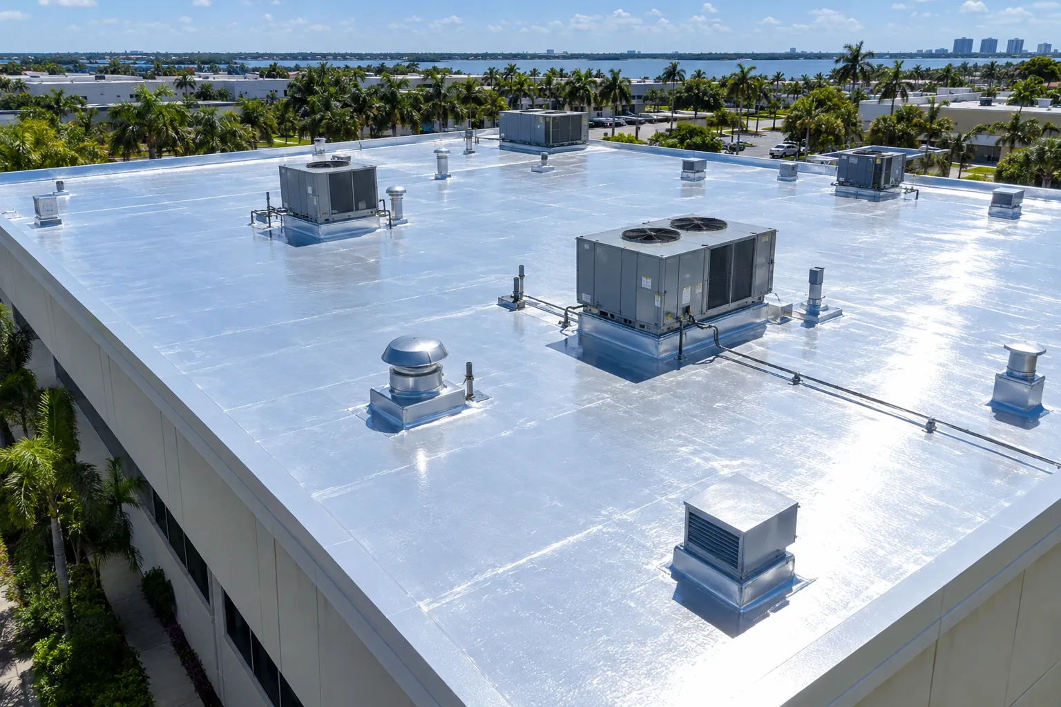 Aerial view of a Florida commercial flat roof with a fresh silver reflective aluminum roof coating