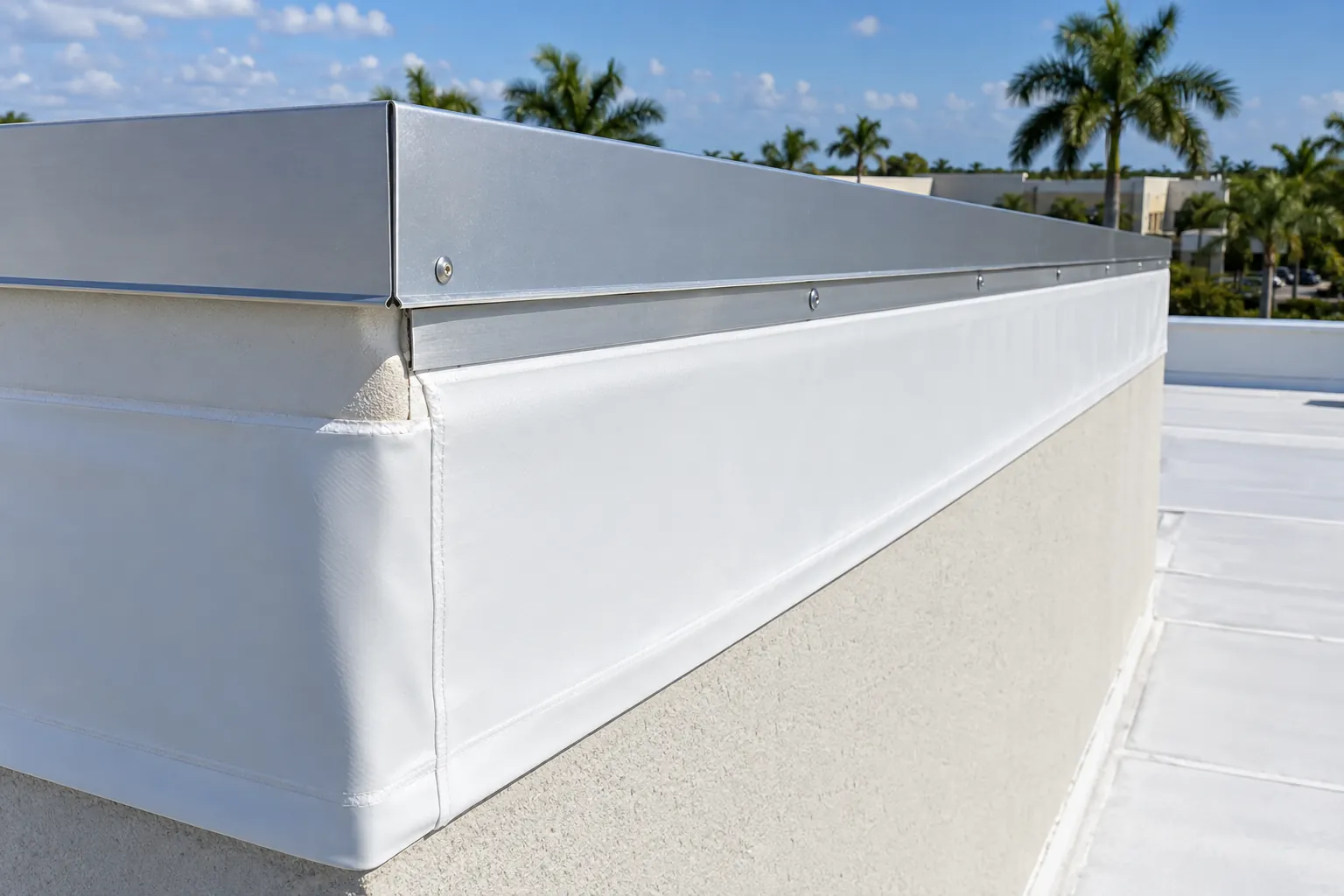 Close-up detail of a commercial parapet wall with white TPO membrane and aluminum coping cap