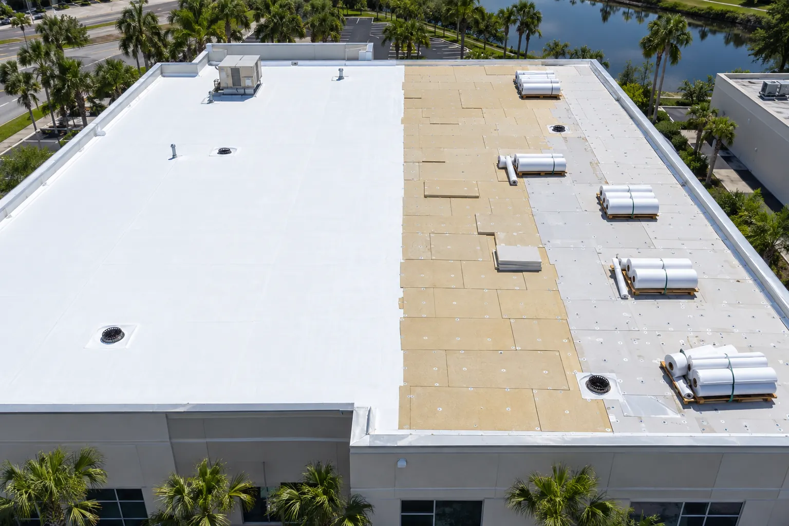 Aerial view of a commercial roof mid-installation with fresh white TPO membrane and exposed cover board