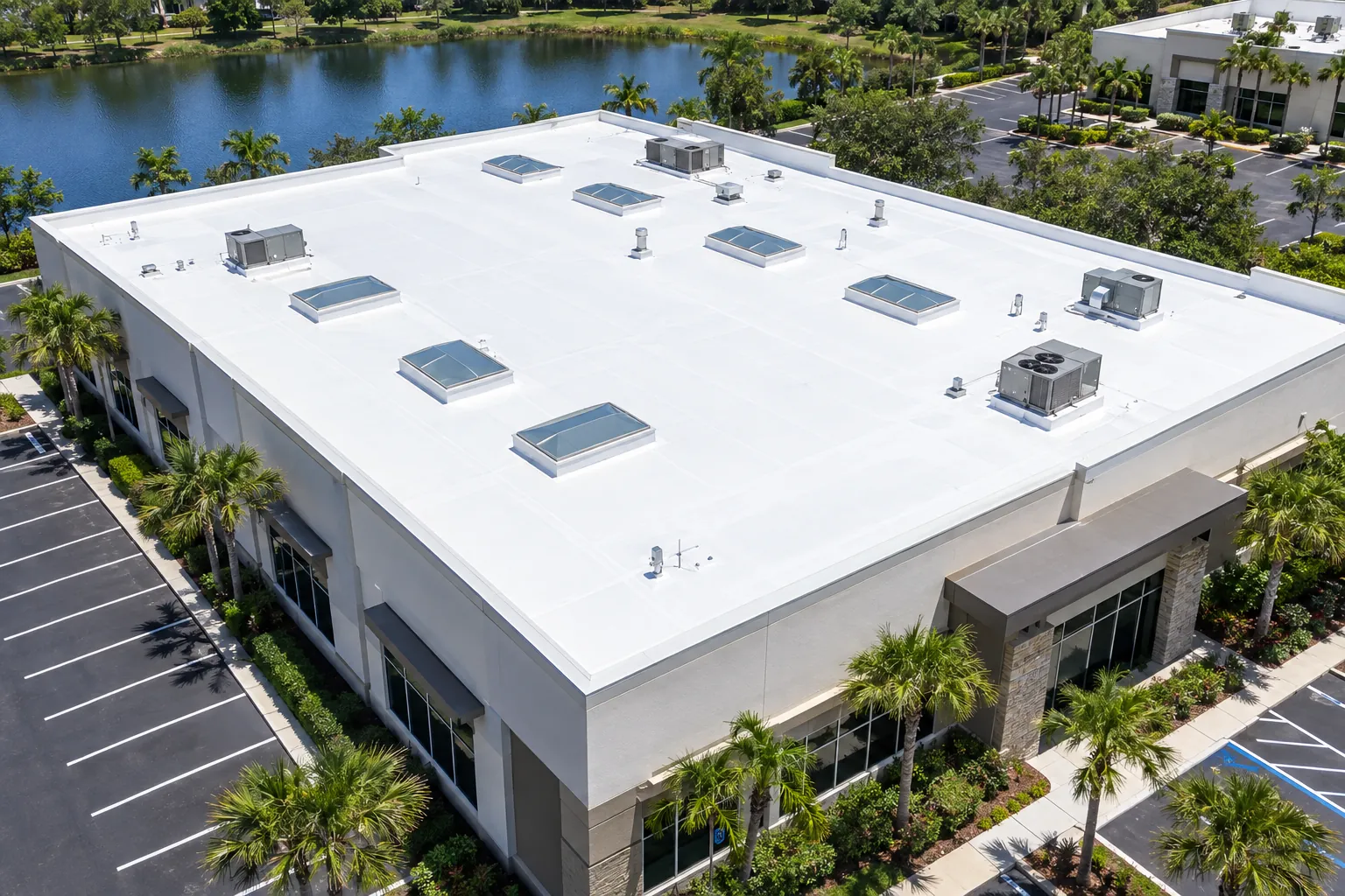 Aerial view of a commercial building with a white TPO flat roof and multiple skylights
