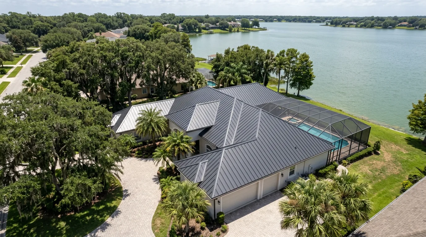 Aerial view of a dark charcoal standing-seam metal roof on a Florida lakefront home with a screened pool cage