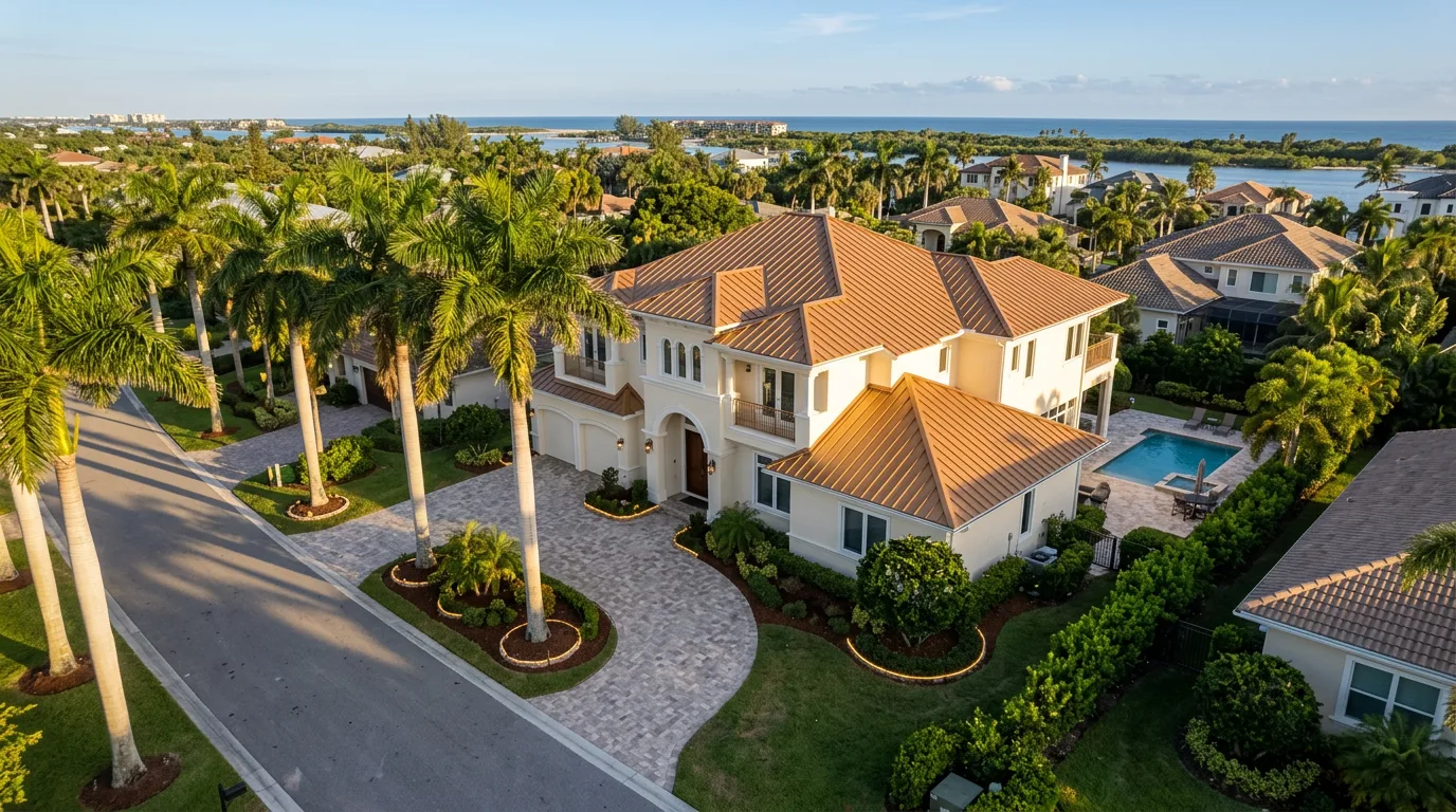 Two-story Florida coastal home with a warm bronze standing-seam metal roof at golden hour