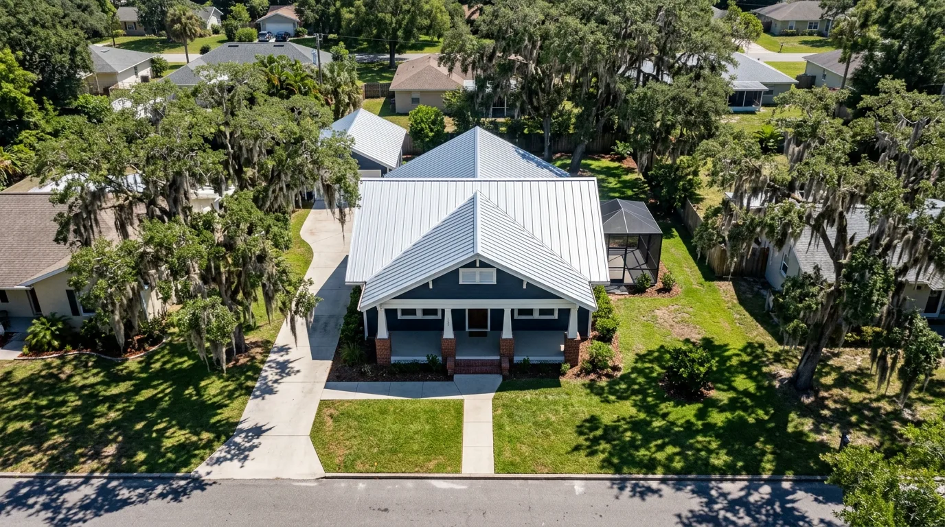 Florida Craftsman-style home with a bright galvalume standing-seam metal roof and deep front porch