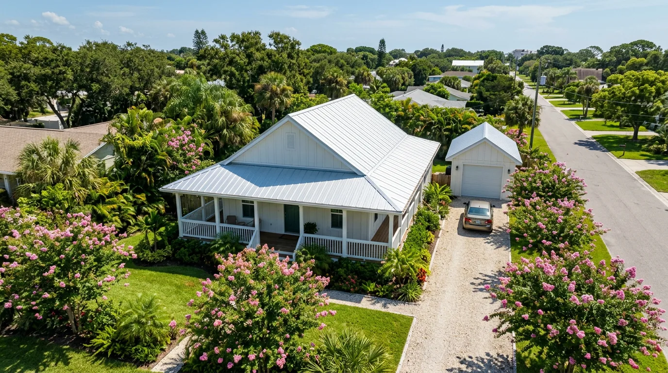 Small Florida bungalow with a galvalume 5V-crimp exposed-fastener metal roof and wraparound porch