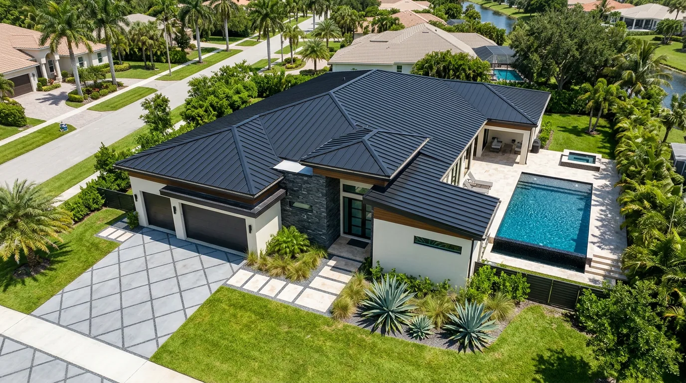 Modern Florida contemporary home with a matte black standing-seam metal roof and stone accent wall