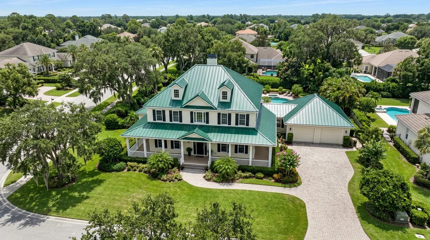 Two-story Florida colonial-style home with a forest-green standing-seam metal roof and front dormers