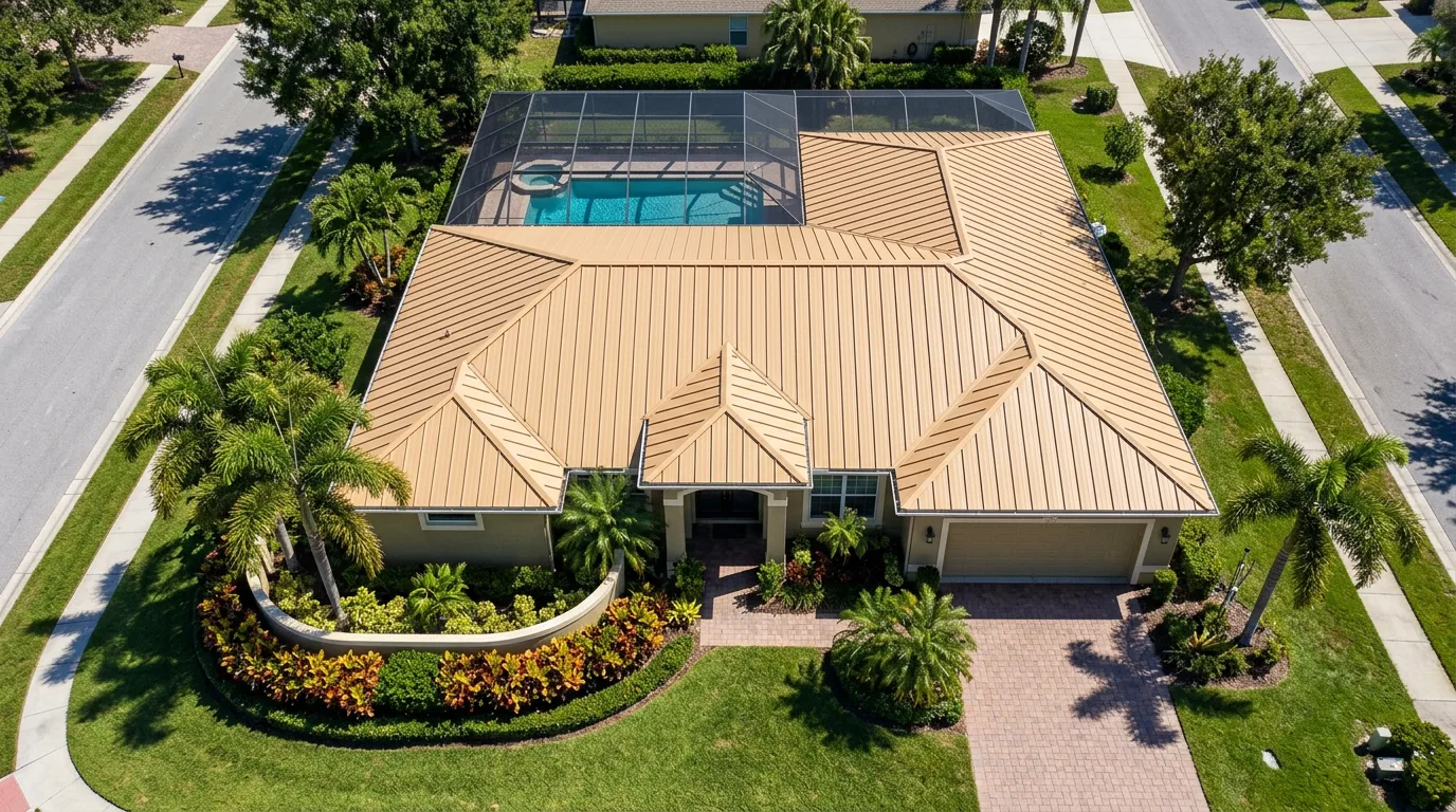 Top-down aerial view of a Florida ranch-style home with a warm sandy-tan standing-seam metal roof over a multi-hip layout