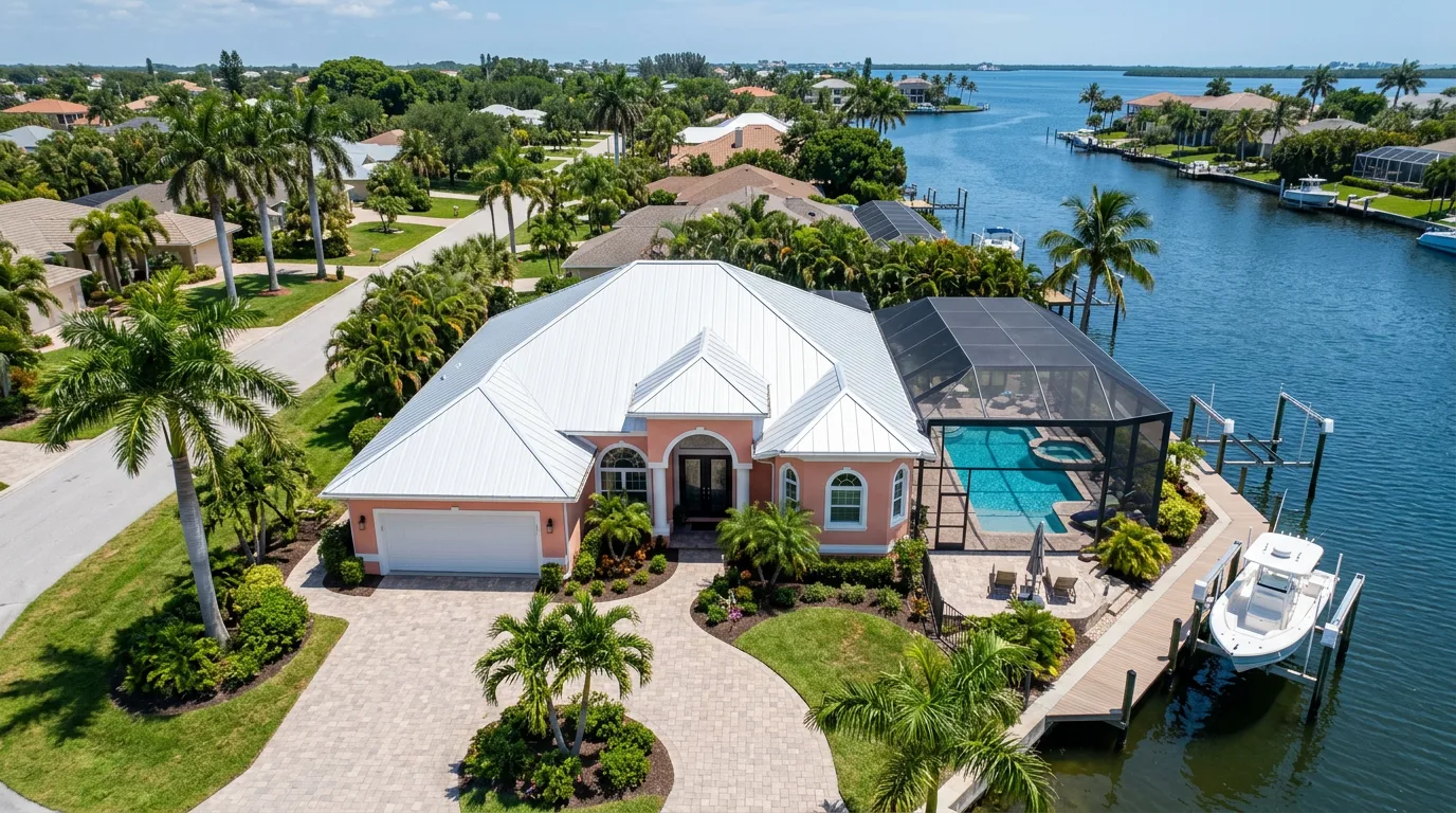 Florida canal-front home with a bright white standing-seam metal roof and a screened pool cage