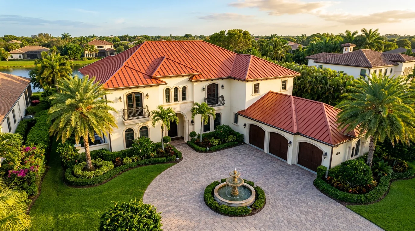 Florida Mediterranean-style two-story home with a warm terra-cotta red standing-seam metal roof