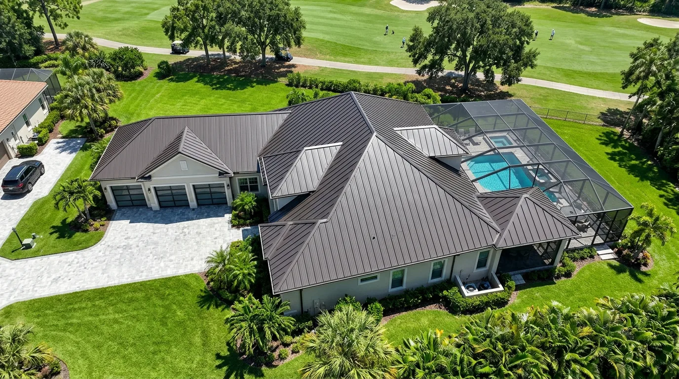 Top-down aerial view of a Florida golf-course home with a dark bronze standing-seam metal roof and full-length lanai pool cage