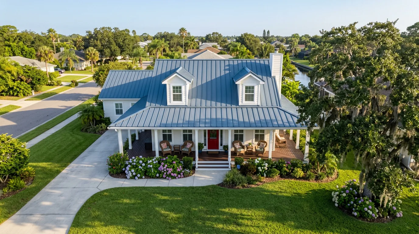 Small Florida cottage-style home with a slate-blue standing-seam metal roof and wraparound porch