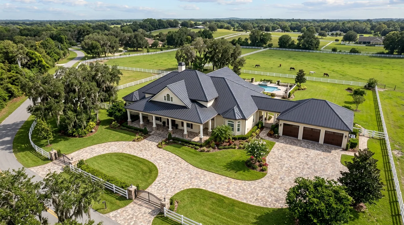 Florida horse-country estate with a large charcoal standing-seam metal roof over a multi-gable roofline