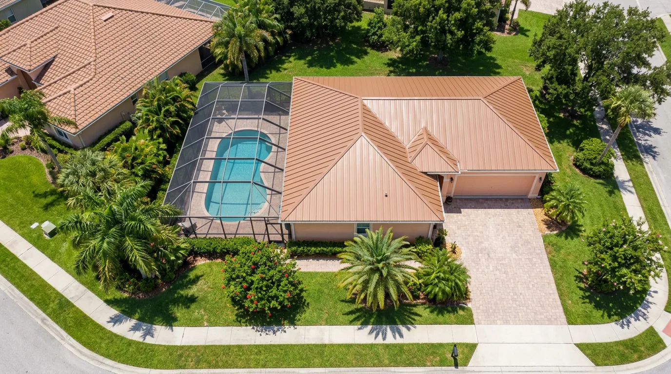 Top-down aerial view of a Florida single-story home with a warm-brown standing-seam metal roof and screened pool cage