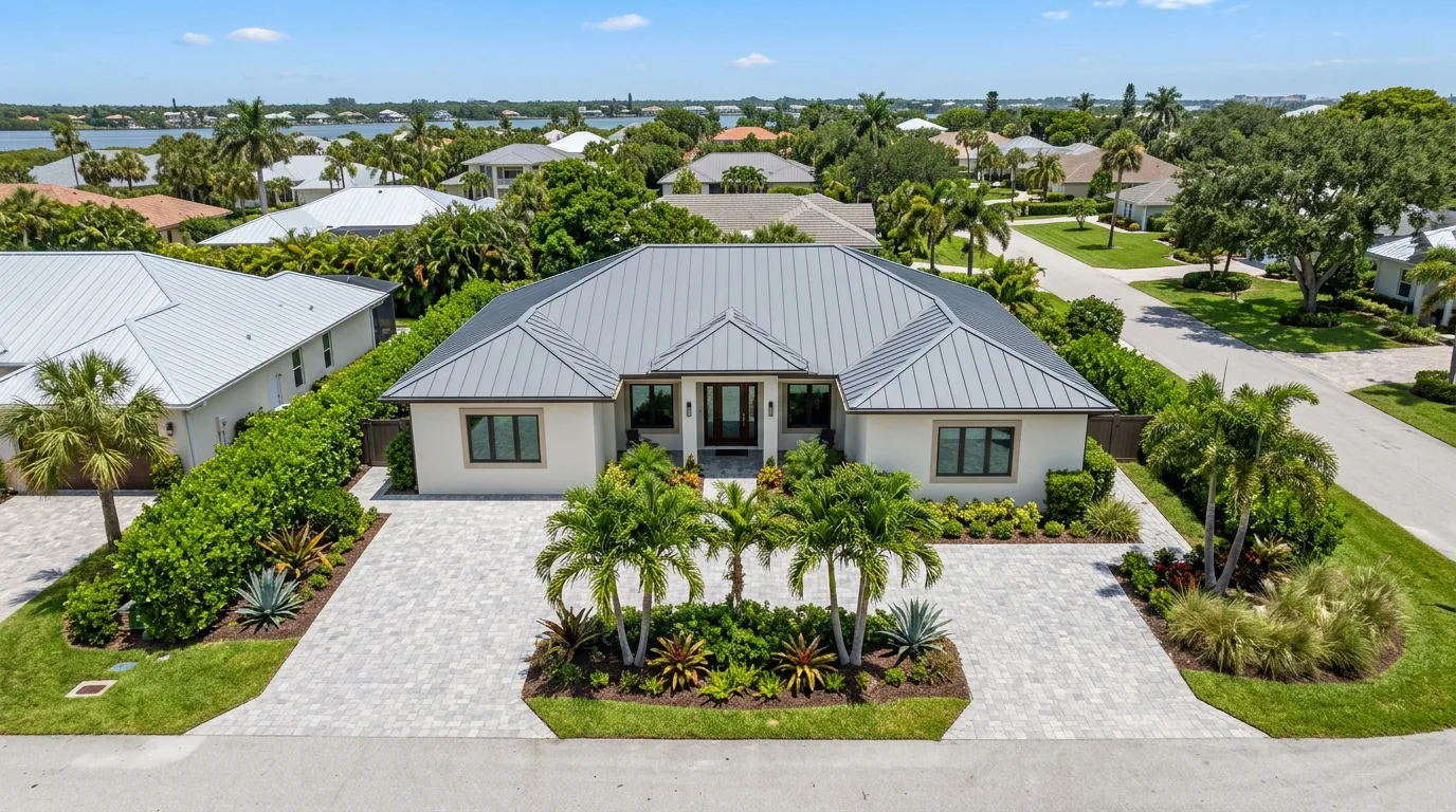 Florida hurricane-rated single-story hip-roofed home with a medium-gray standing-seam metal roof