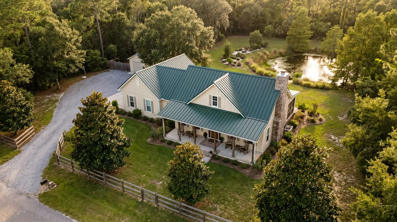 Florida country-style single-story home with a hunter-green standing-seam metal roof and stone chimney