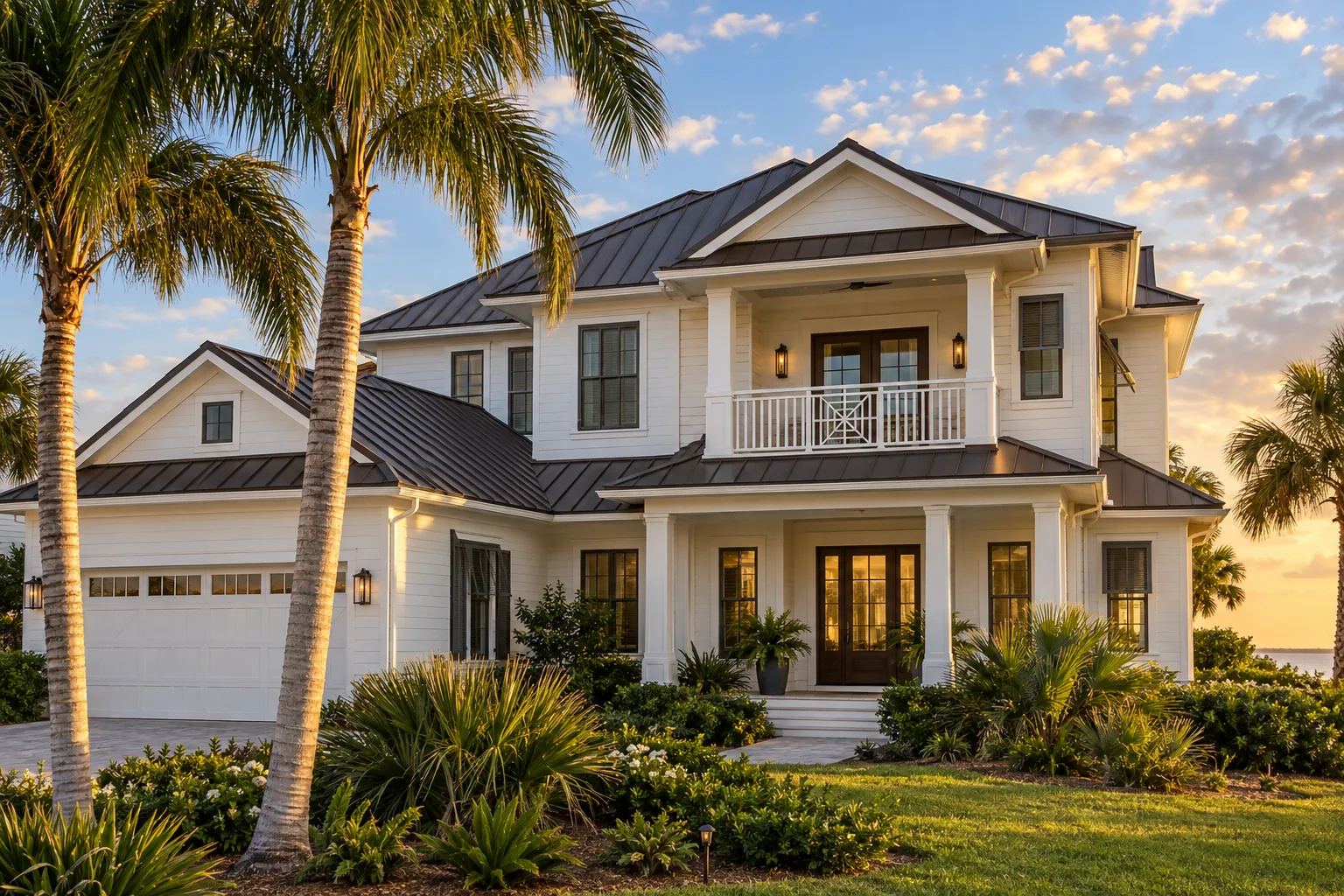 Two-story Florida coastal home with a dark bronze standing seam metal roof at golden hour