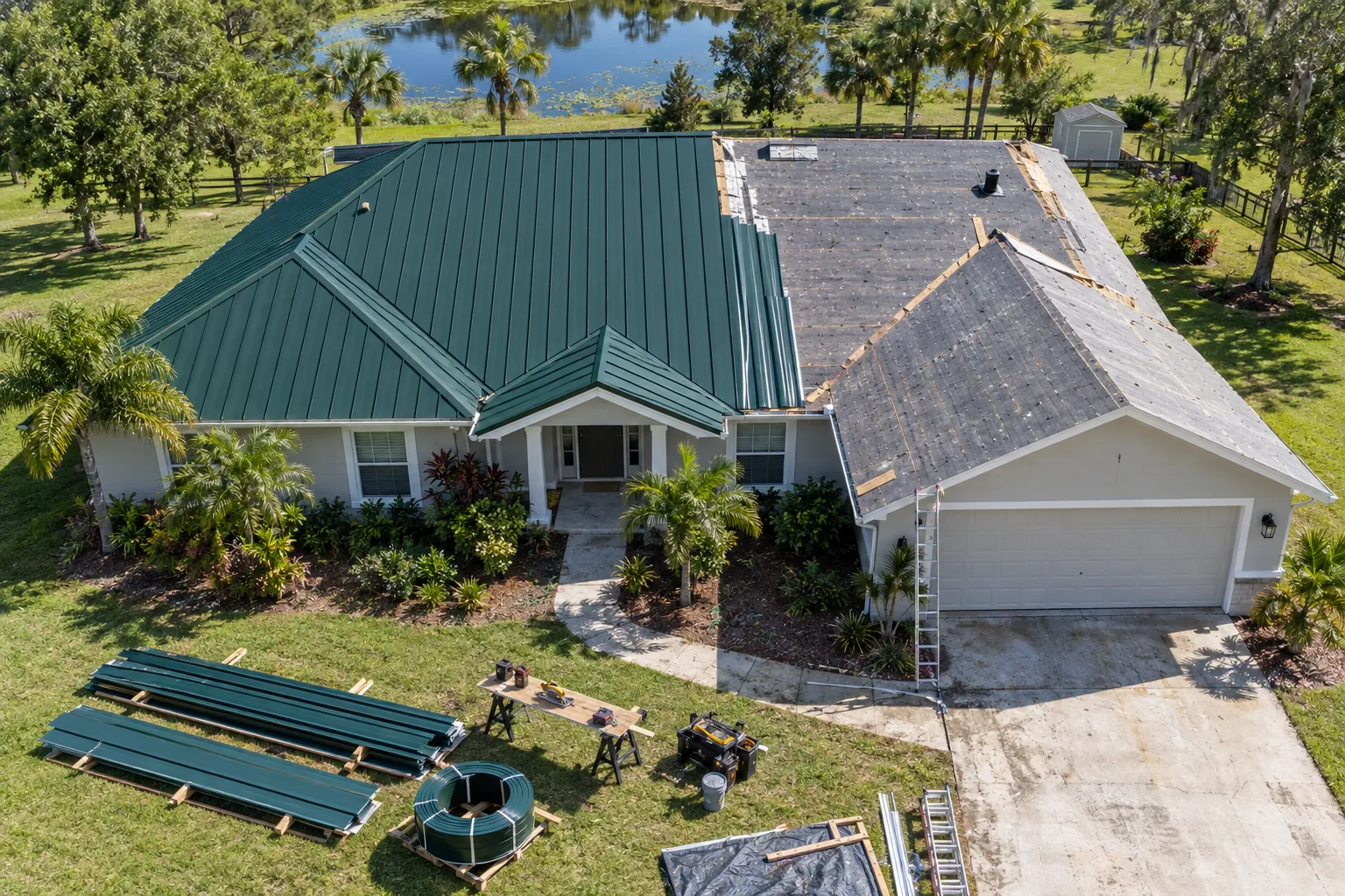 Mid-install metal roof replacement, half new green standing seam and half prep, drone view