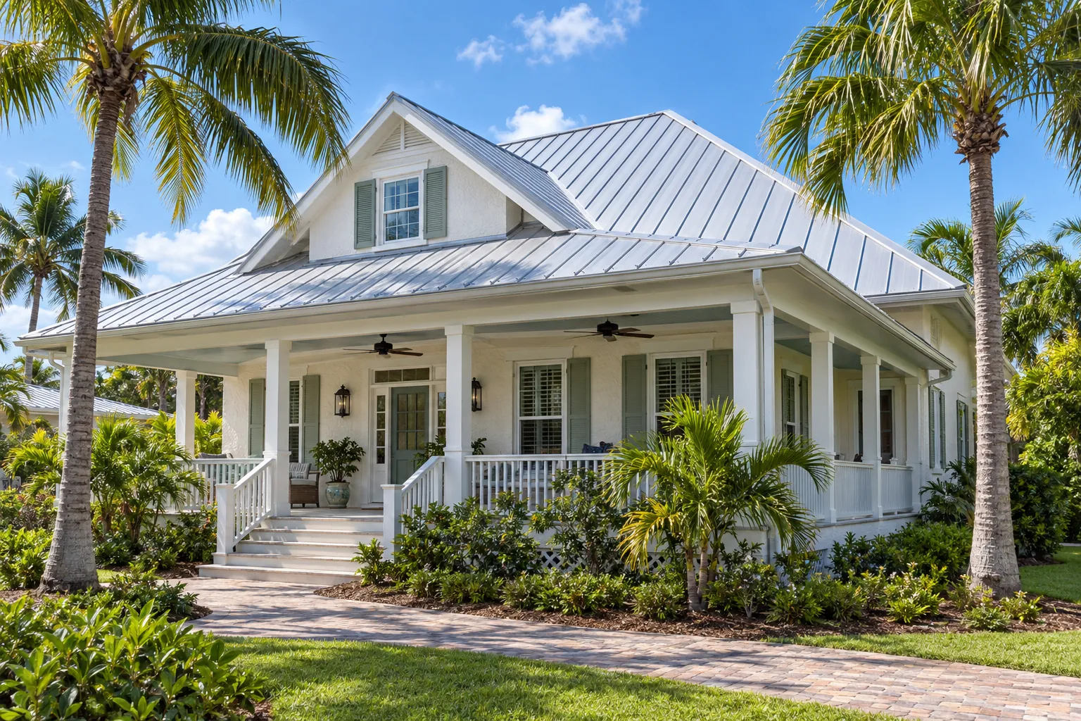 Florida bungalow with a Galvalume silver 5V-crimp exposed-fastener metal roof and wraparound porch