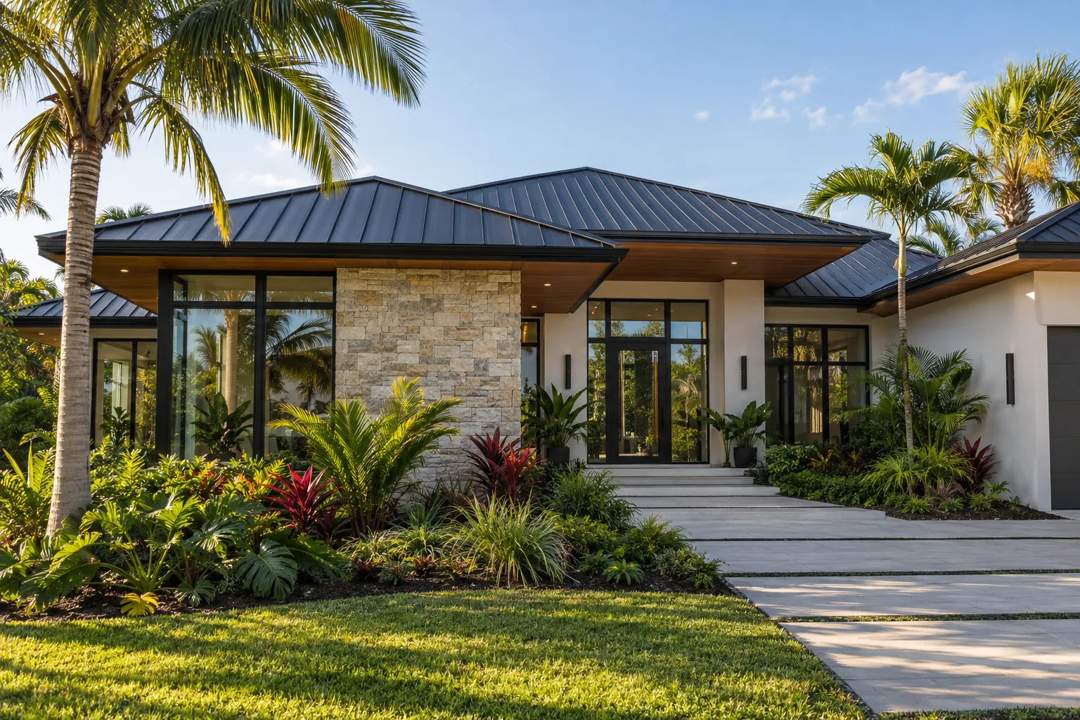 Modern Florida contemporary home with a matte black standing seam metal roof and stone accent wall