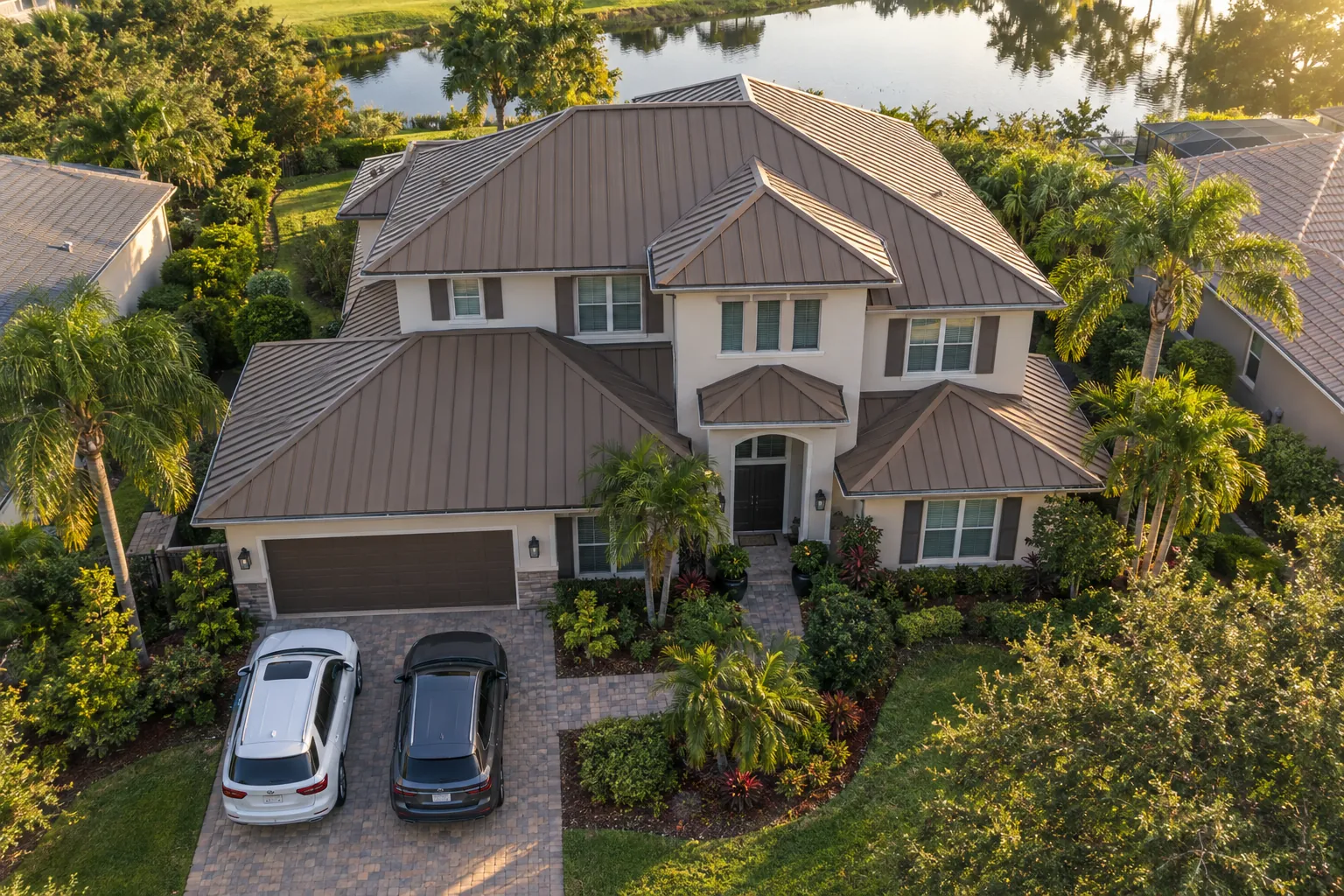 Aerial view of a warm brown standing seam metal roof on a large two-story Florida home