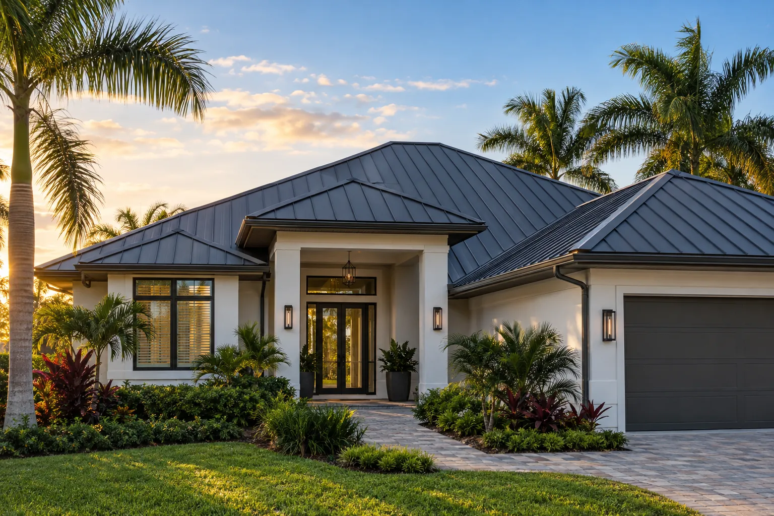 Standing seam metal roof on a Florida home at golden hour