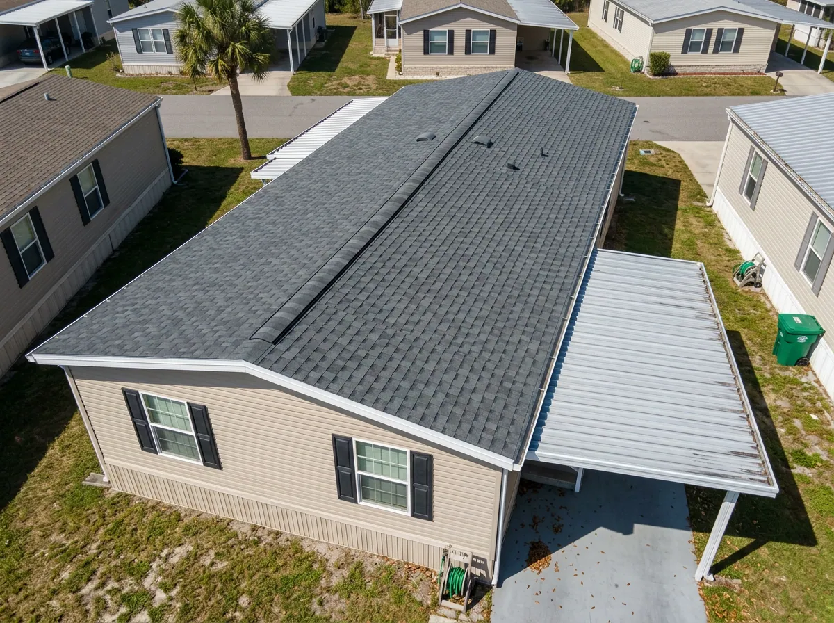 Manufactured home with new gray architectural shingles