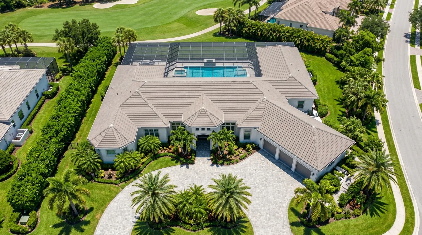 Top-down aerial view of a large Florida single-story luxury home with a warm-gray flat concrete tile roof