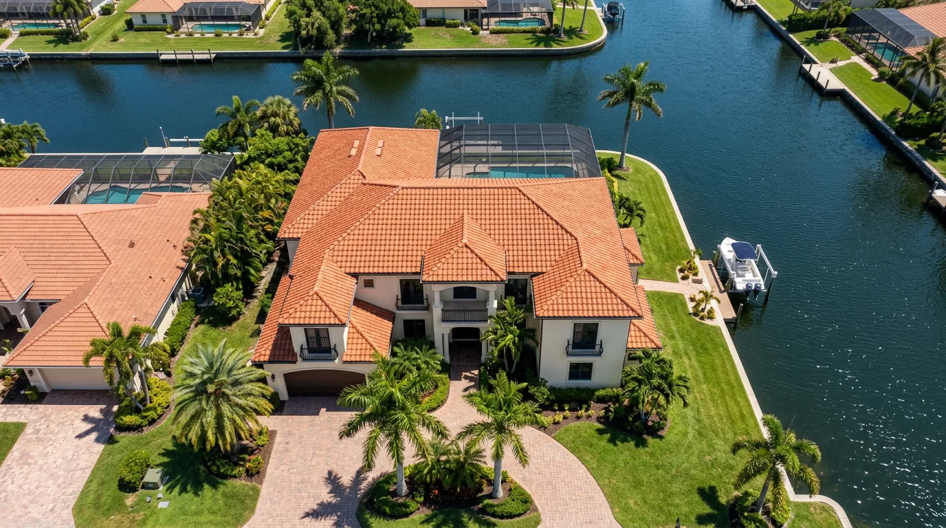 Florida coastal two-story home with a terracotta clay barrel tile roof and two front-facing dormers