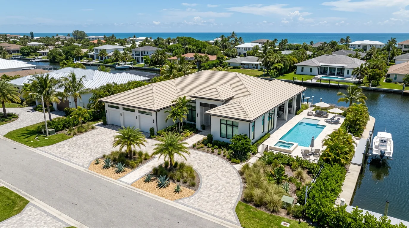 Modern Florida coastal single-story home with a light sandy-beige flat concrete tile roof