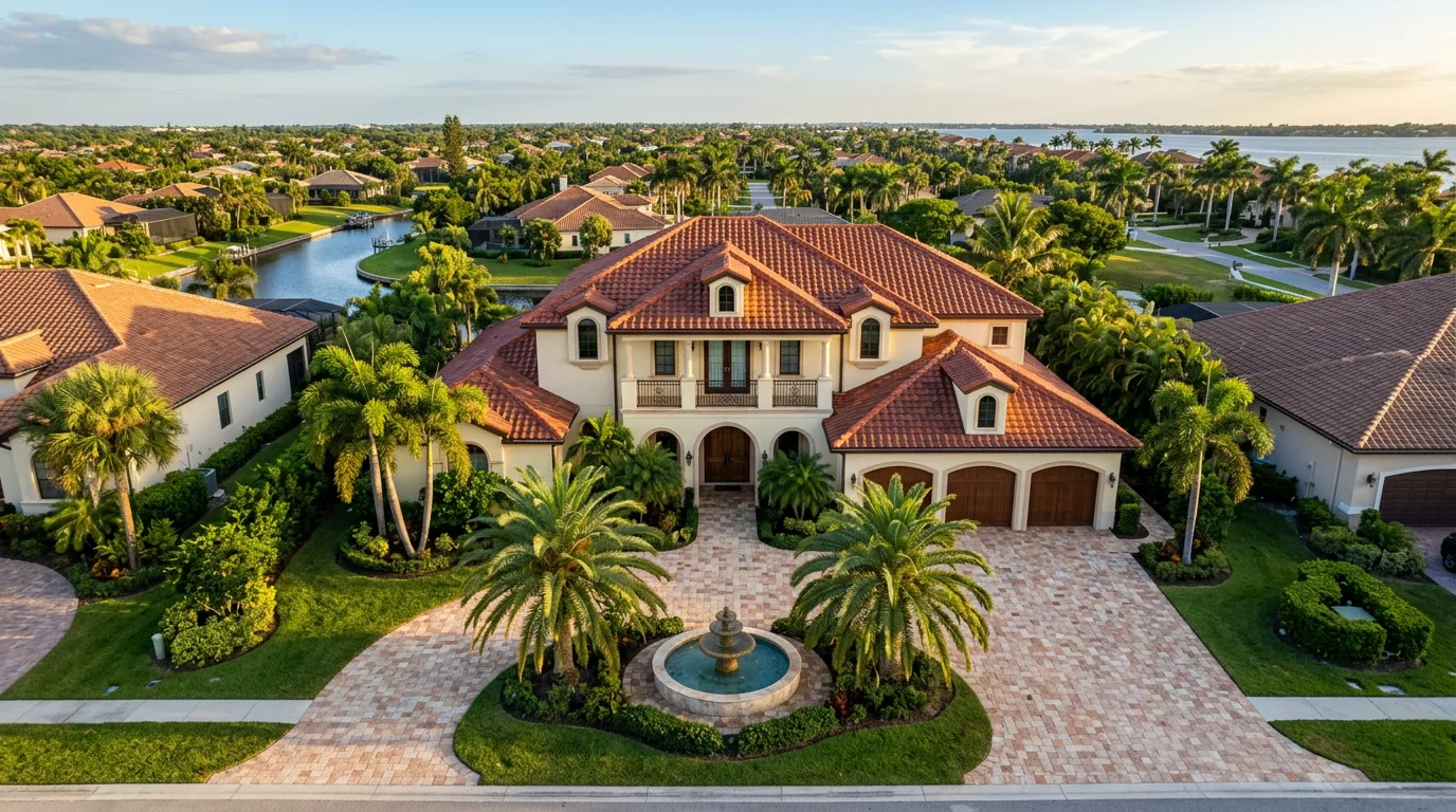 Florida Spanish colonial two-story home with a deep red-orange clay S-tile roof at golden hour