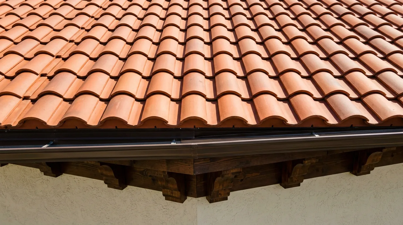 Close-up aerial detail of a freshly installed terracotta clay barrel tile roof eave with dark bronze half-round gutter and wood corbels