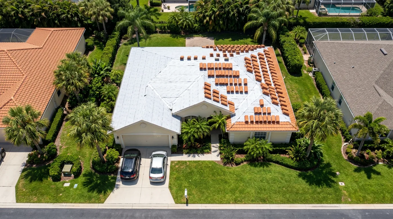 Top-down aerial view of a Florida home mid-tile-lift-and-reset with fresh underlayment and staged terracotta tiles