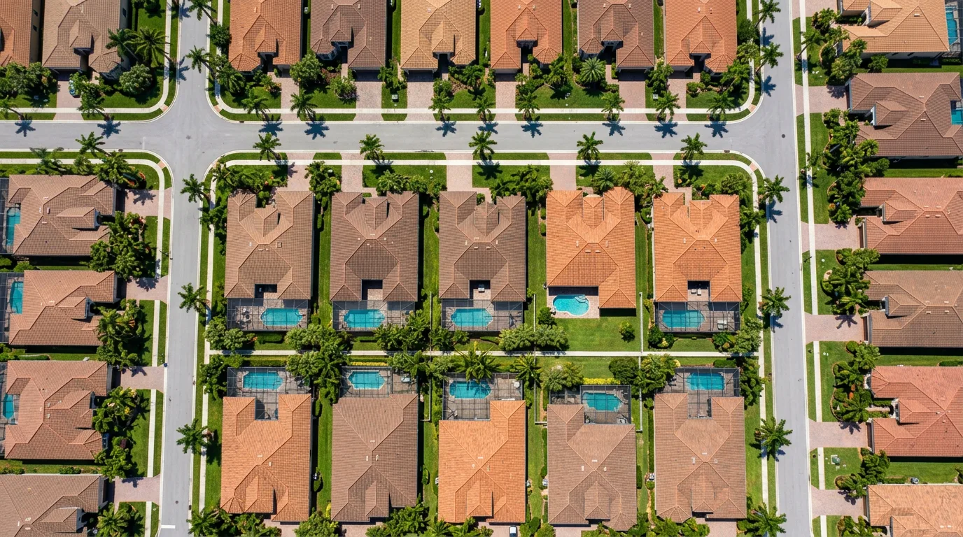 High-altitude aerial view of a gated Florida community with terracotta and warm-brown clay tile roofs